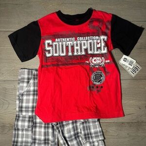 NWT South Pole Kids Red and Black Graphic T-Shirt and toughskins plaid shorts